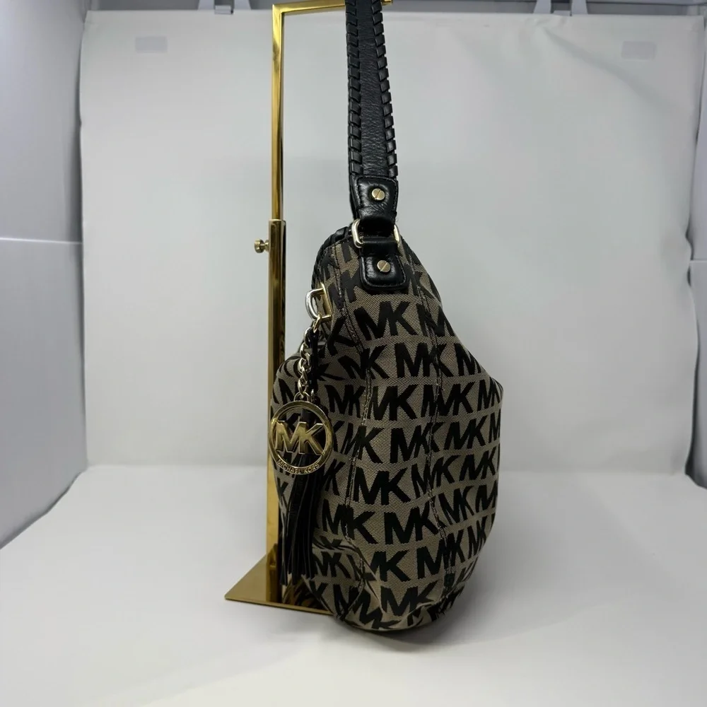 Michael Kors MK Logo Jacquard Hobo Shoulder Bag Black Tan Tassel Charm